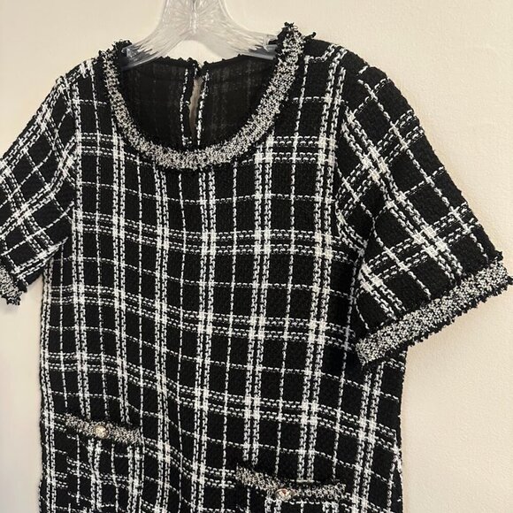 SHEIN Black & White Tweed Plaid Dress Knee Length with Silver Buttons - Size 6 - Picture 2 of 10